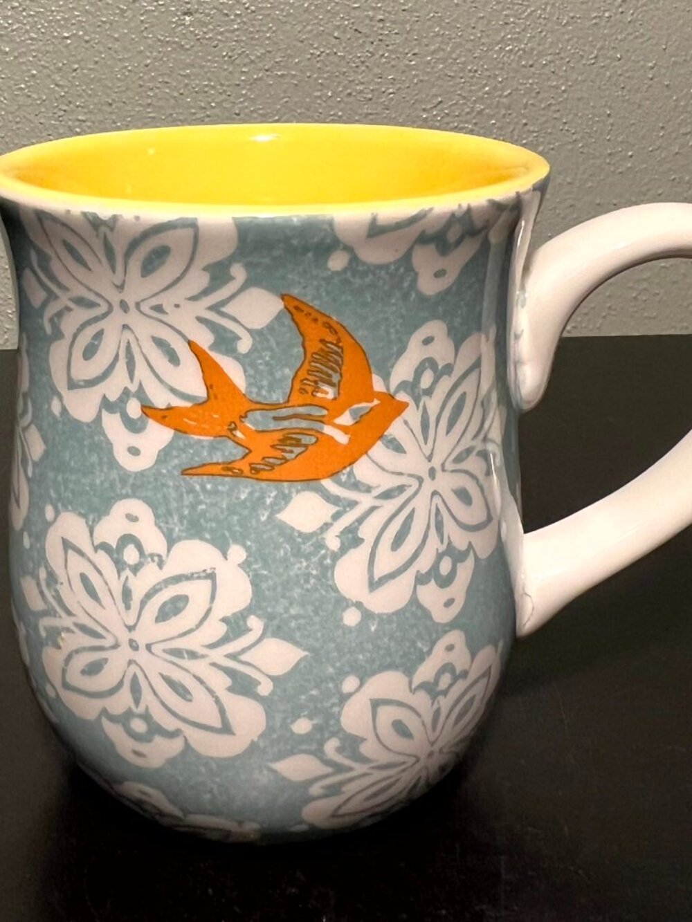 Sonoma Life & Style Blue Yellow Damask Floral Ceramic Coffee Cup Mug Orange Bird